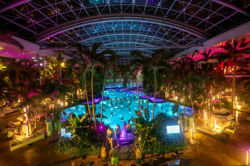 Interiorul piscinei tropicale acoperite, cu plante, iluminare colorată și mulți oameni.