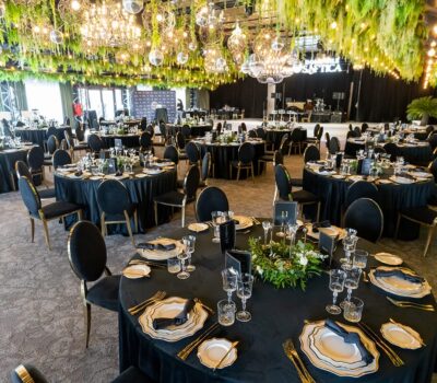 Interiorul sălii de bal SAFICA cu aranjamente de masă negre și scaune. Plante pe tavan, lustre, oglinzi disco.