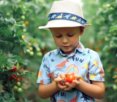 Un băiat cu pălărie și cămașă albastră ține o roșie într-o seră cu tomate.