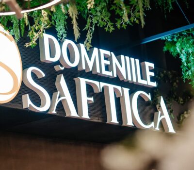 Scrisul alb strălucitor "DOMENIILE ŞAFTICA" și simbolul aurit "S" pe fundal întunecat.