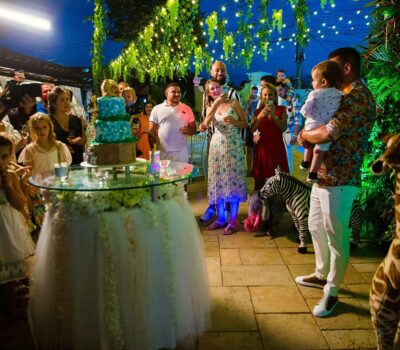 Oamenii se adună în aer liber în jurul unui tort cu trei straturi, cu lumini deasupra și animale de pluș dedesubt.