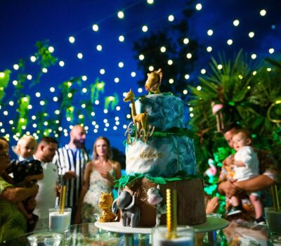 Un tort înalt cu animale de junglă pentru „Kim Stefan” cu oameni, lumini.