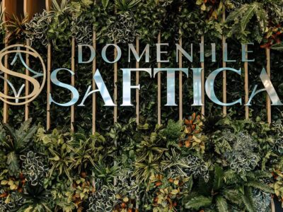 Perete de verdeață cu inscripția „DOMENIILE SAFTICA” și un logo circular cu literele „DS”.