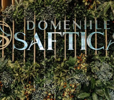 Perete de verdeață cu inscripția „DOMENIILE SAFTICA” și un logo circular cu literele „DS”.