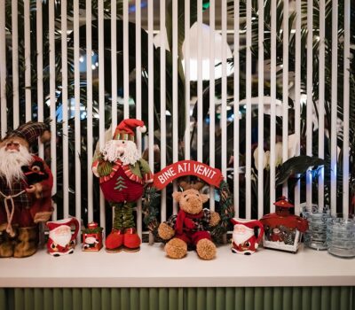 Decorațiuni de Crăciun, inclusiv Moș Crăciun, elan, cu inscripția "BINE ATI VENIT" pe un raft.